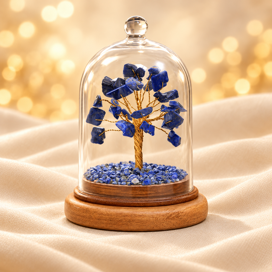 Lapis Lazuli Dome Tree – Decorative Crystal Tree in Glass Dome on champagne fabric