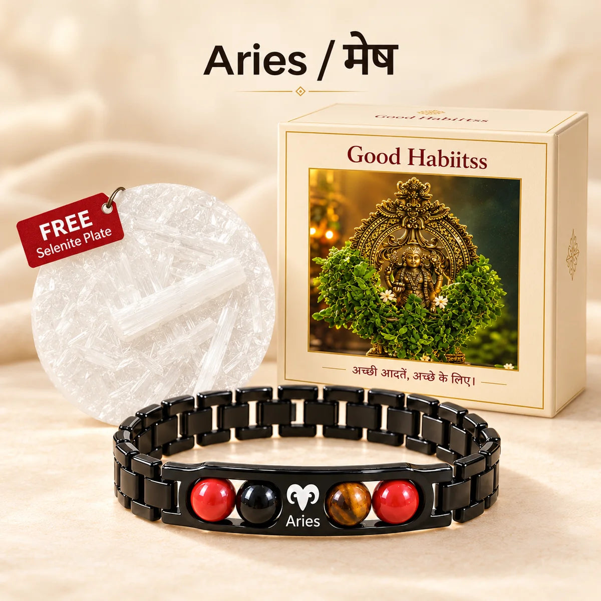 Metal Bracelet with free selenite plate and Good Habiitss Box1100 packaging