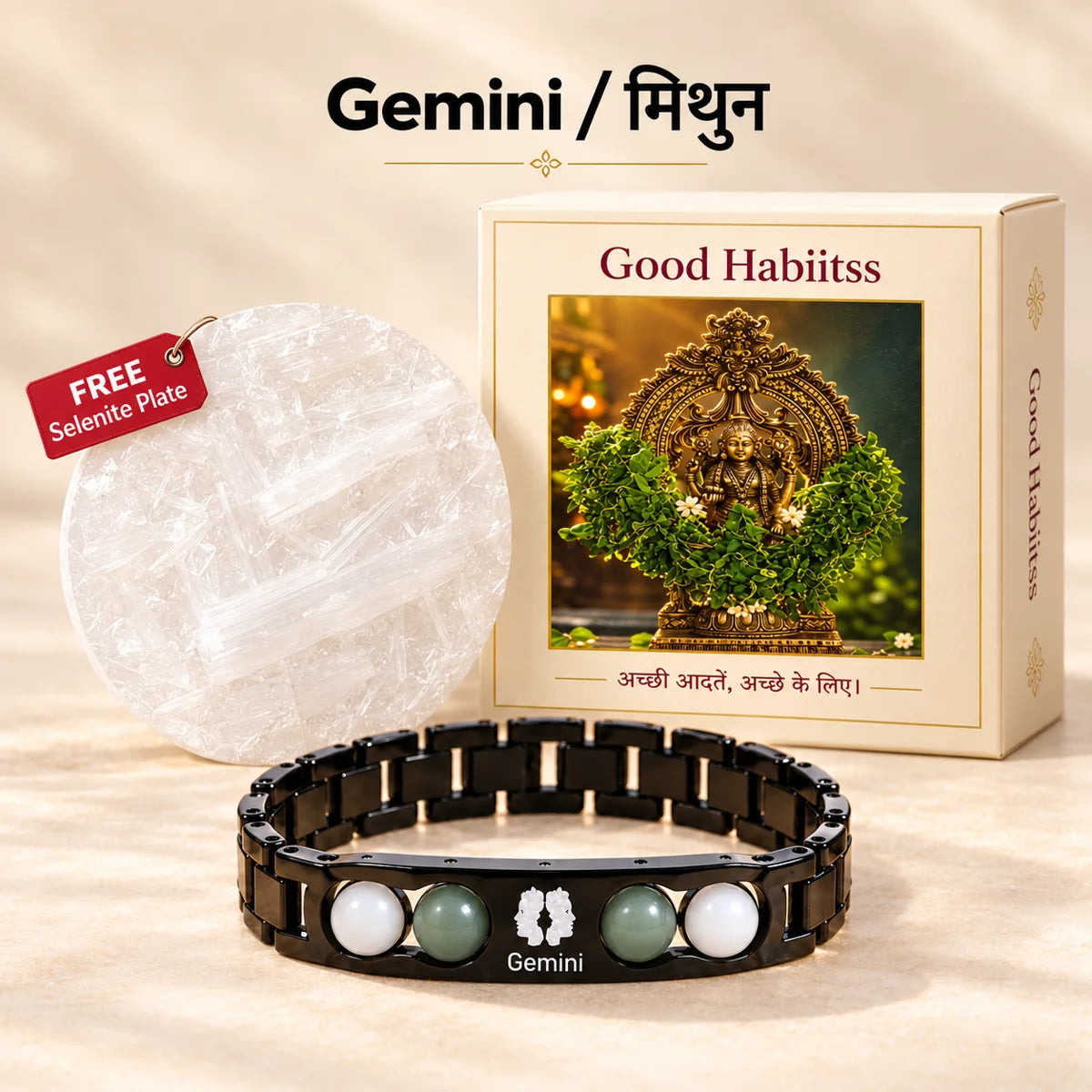 Metal Bracelet with free selenite plate and Good Habiitss Box1100 packaging