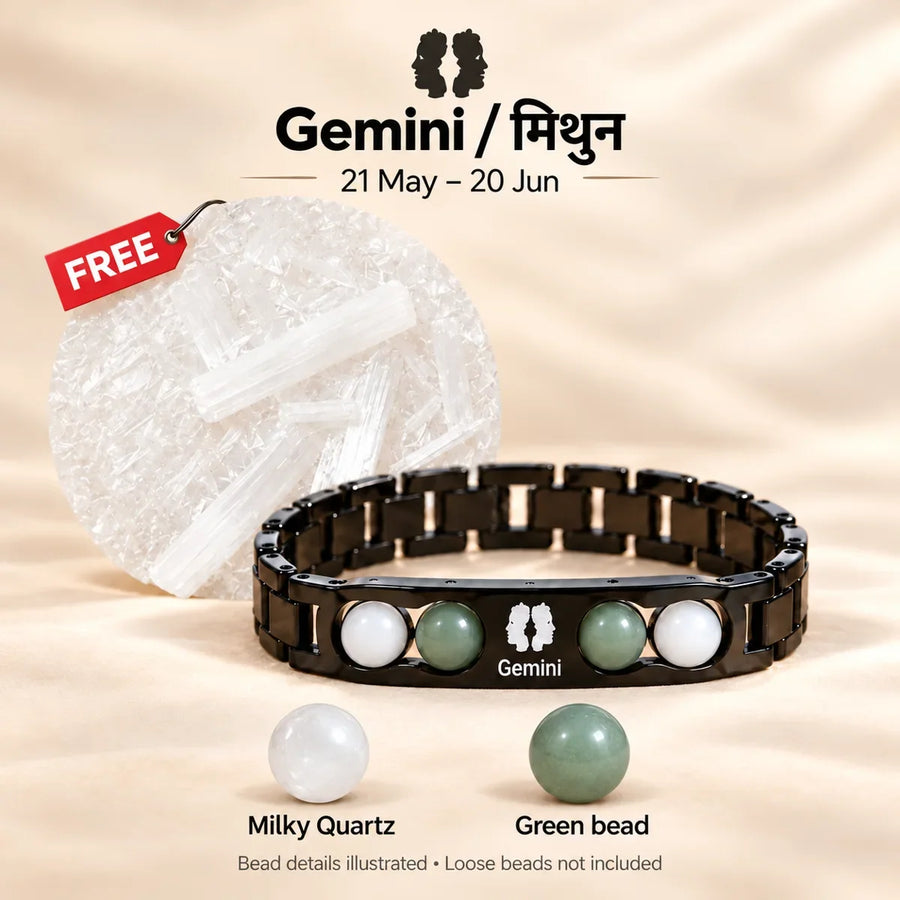 Bracelet with free raw selenite plate and two enlarged bead samples: Milky Quartz and Green bead. Loose beads not included.