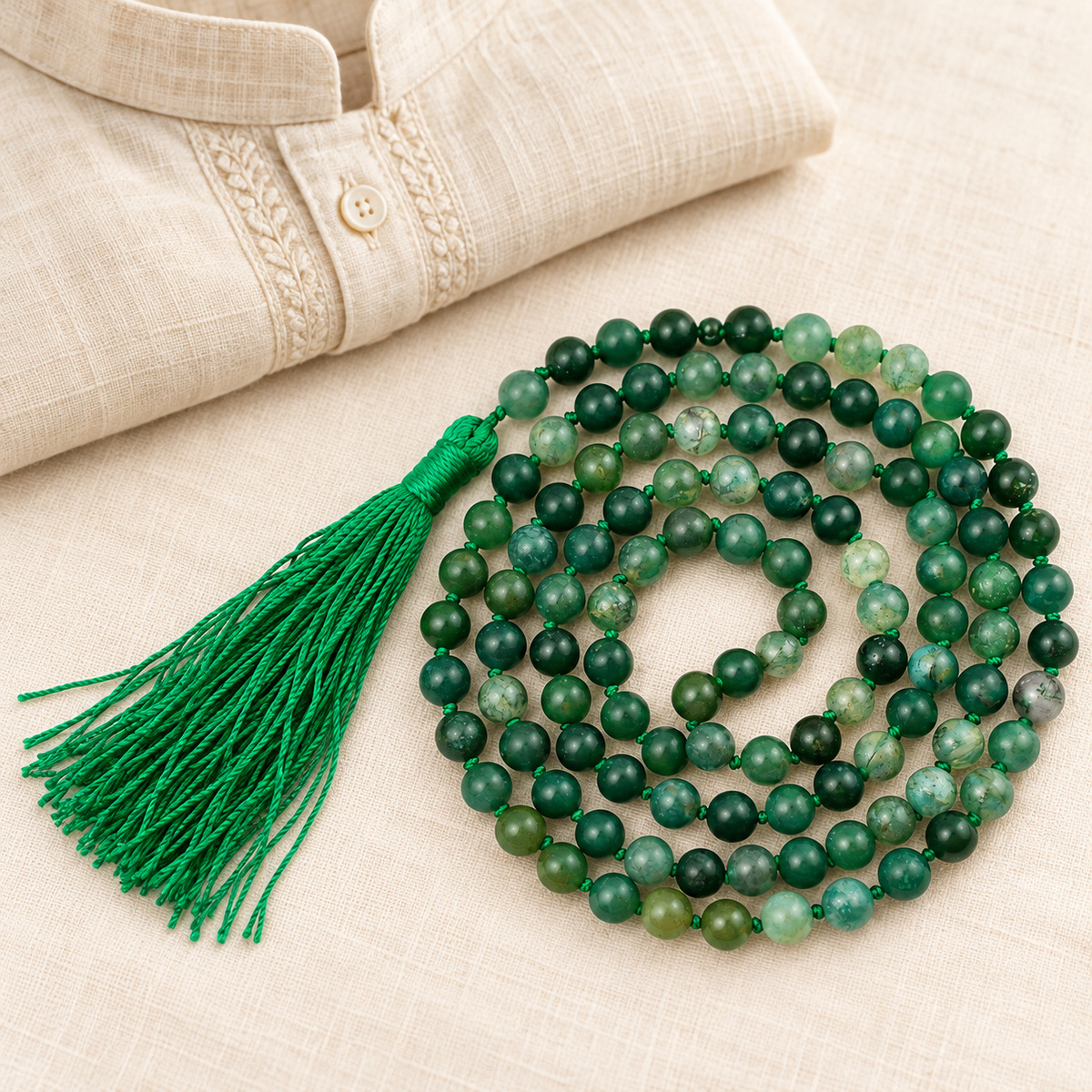 Moss Agate Bead Necklace — illustrative linen styling