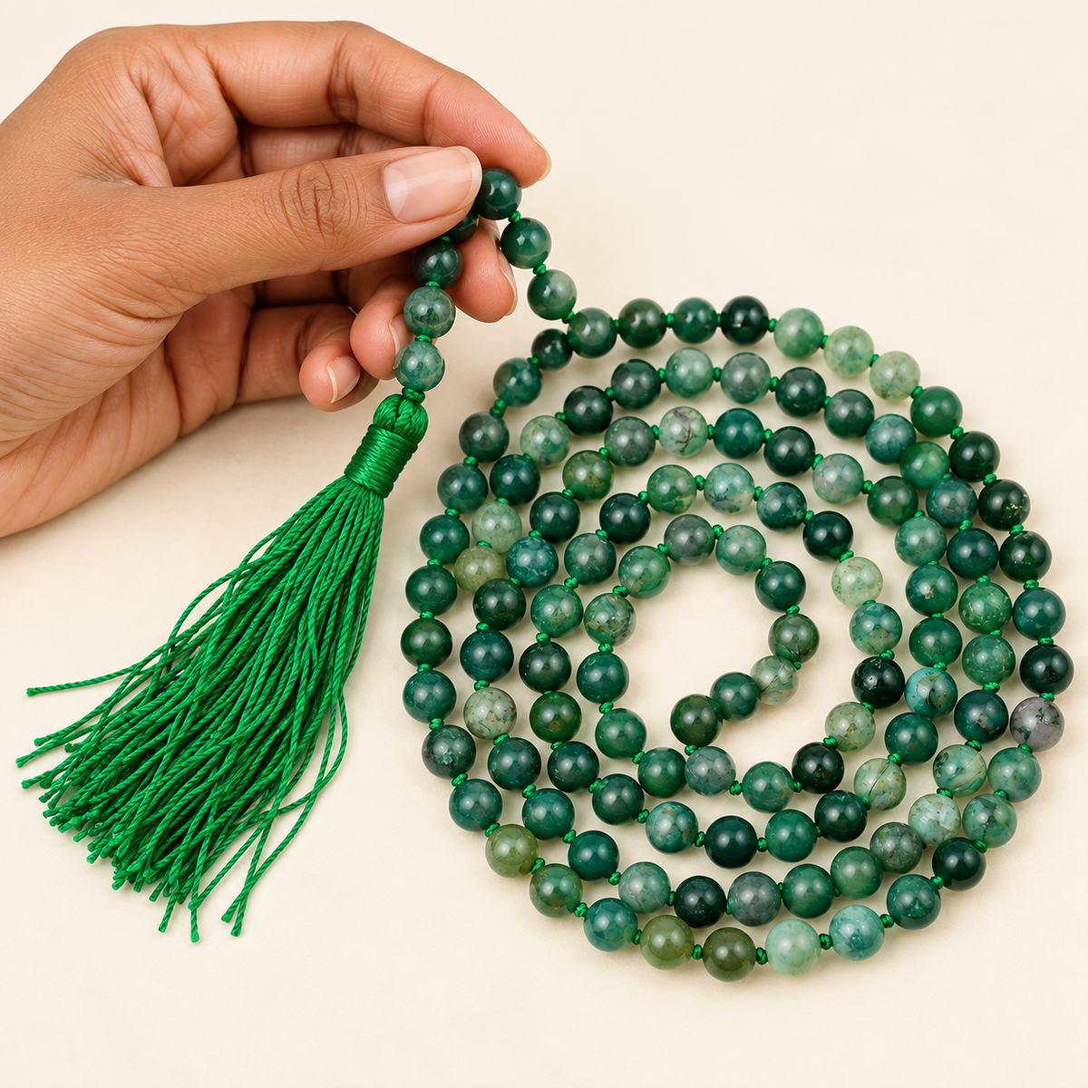 Moss Agate Bead Necklace — illustrative hand-held styling