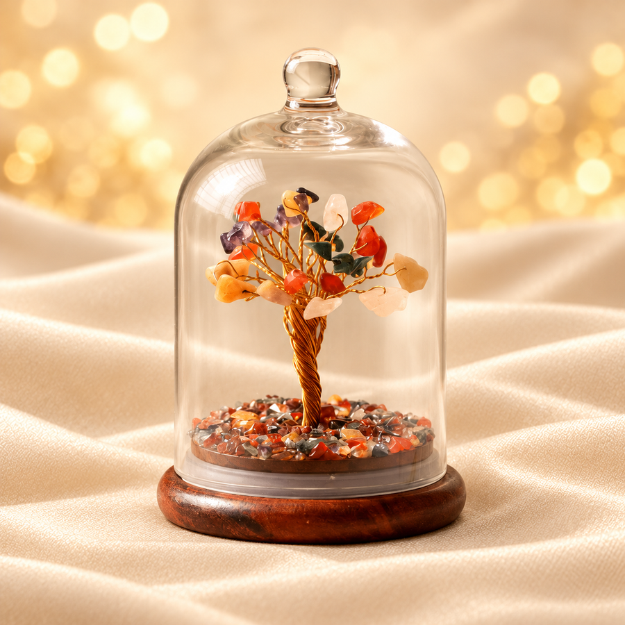Multi-Crystal Dome Tree – Decorative Gemstone Tree on champagne fabric