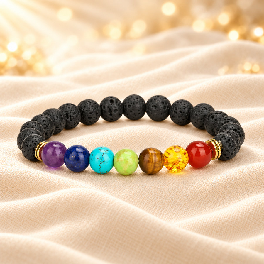 Multicolour Lava Bracelet – Natural Stone Jewellery – 87991 on champagne fabric