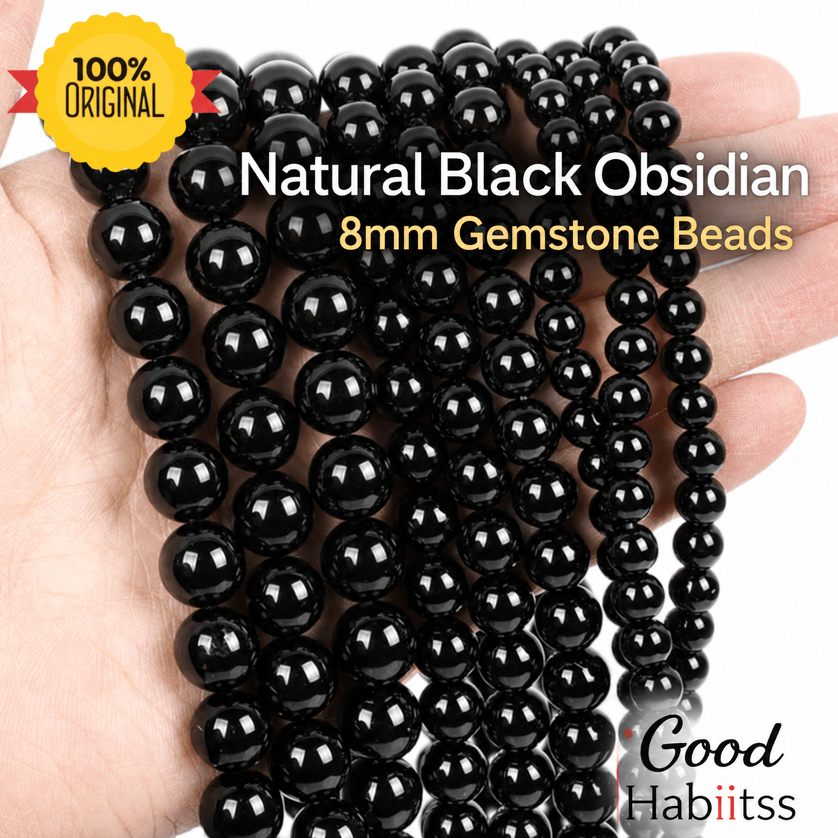 Natural Black Obsidian String – 8mm Gemstone Beads — product details