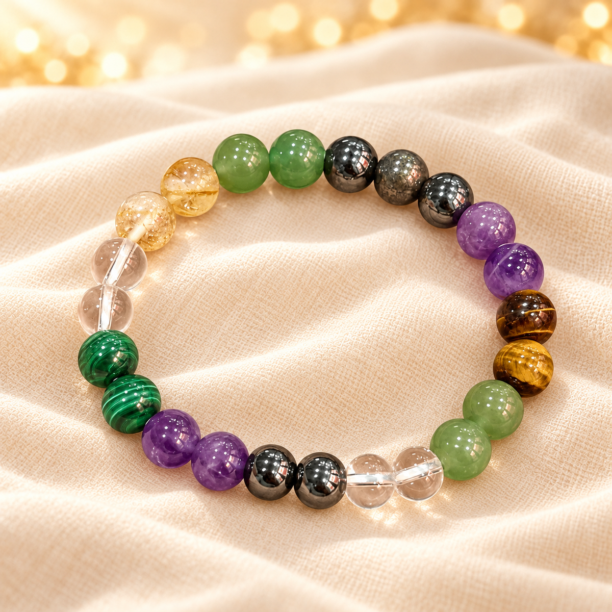 Natural Crystal-Inspired Bracelet – Gemstone Jewellery on champagne fabric