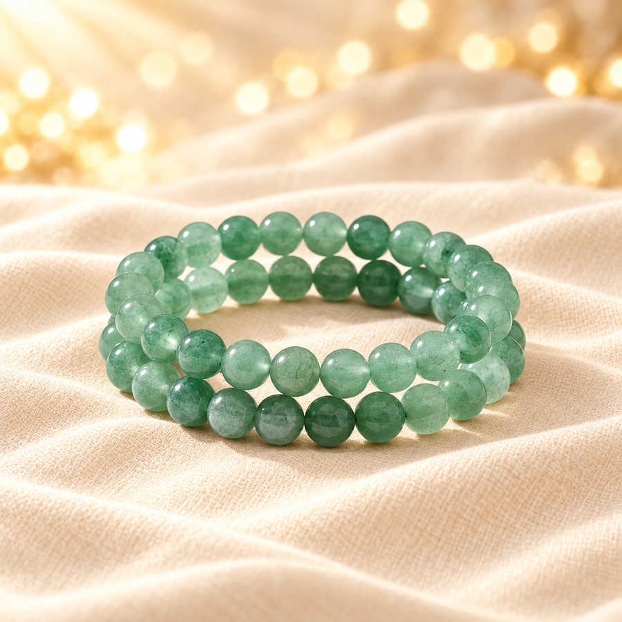 Natural Green Aventurine Bracelet – Gemstone Jewellery on champagne fabric