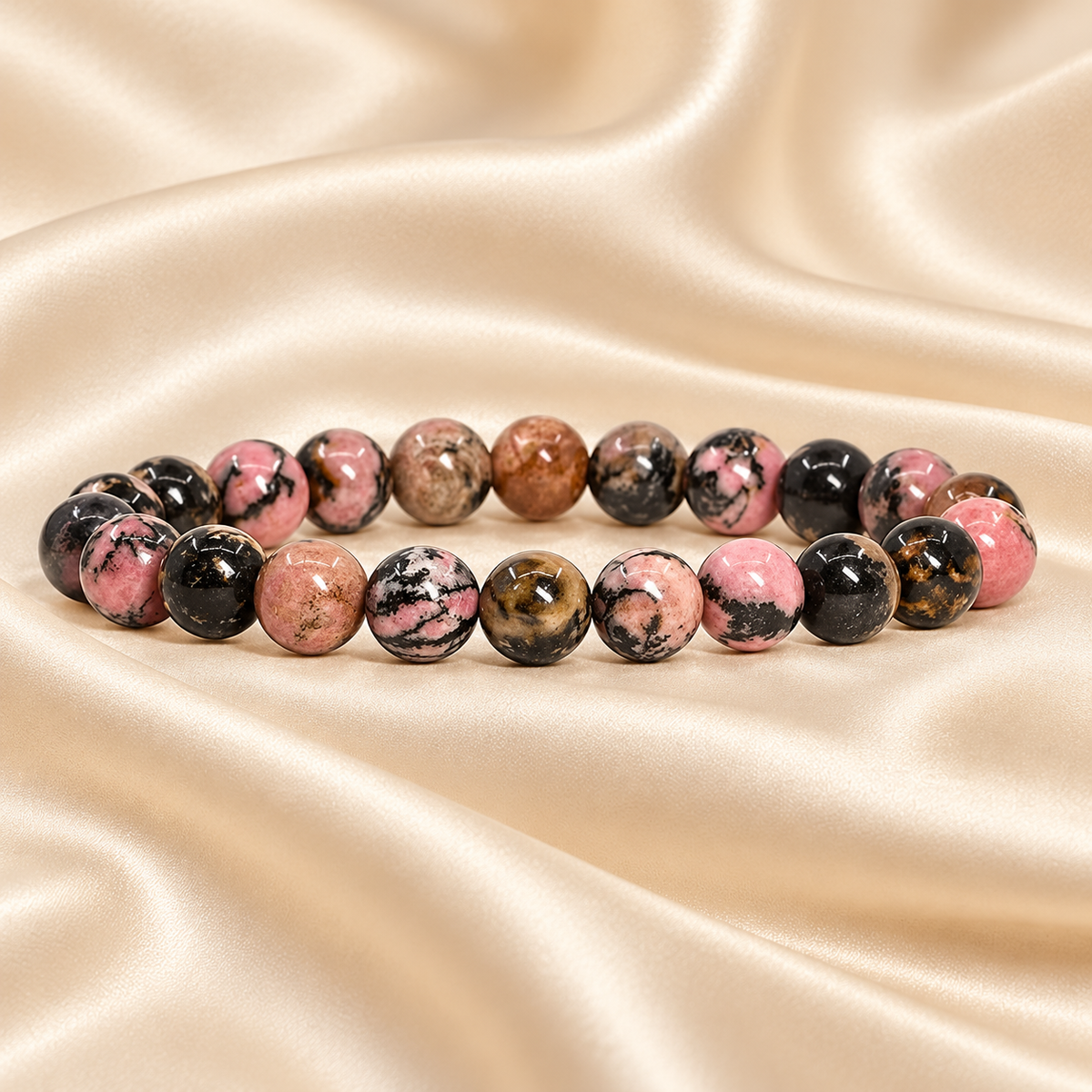 Natural Matrix Rhodonite Bracelet – 8mm Gemstone Jewellery on champagne fabric