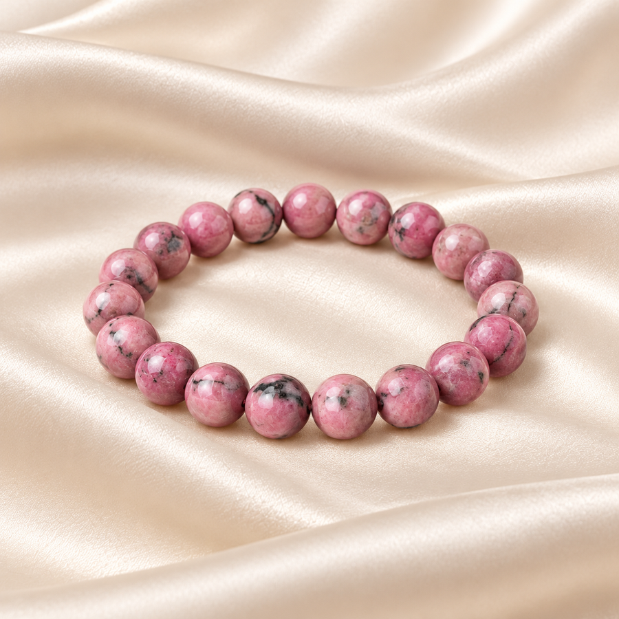 Natural Pink Rhodonite Bracelet – 8mm Gemstone Jewellery on champagne fabric