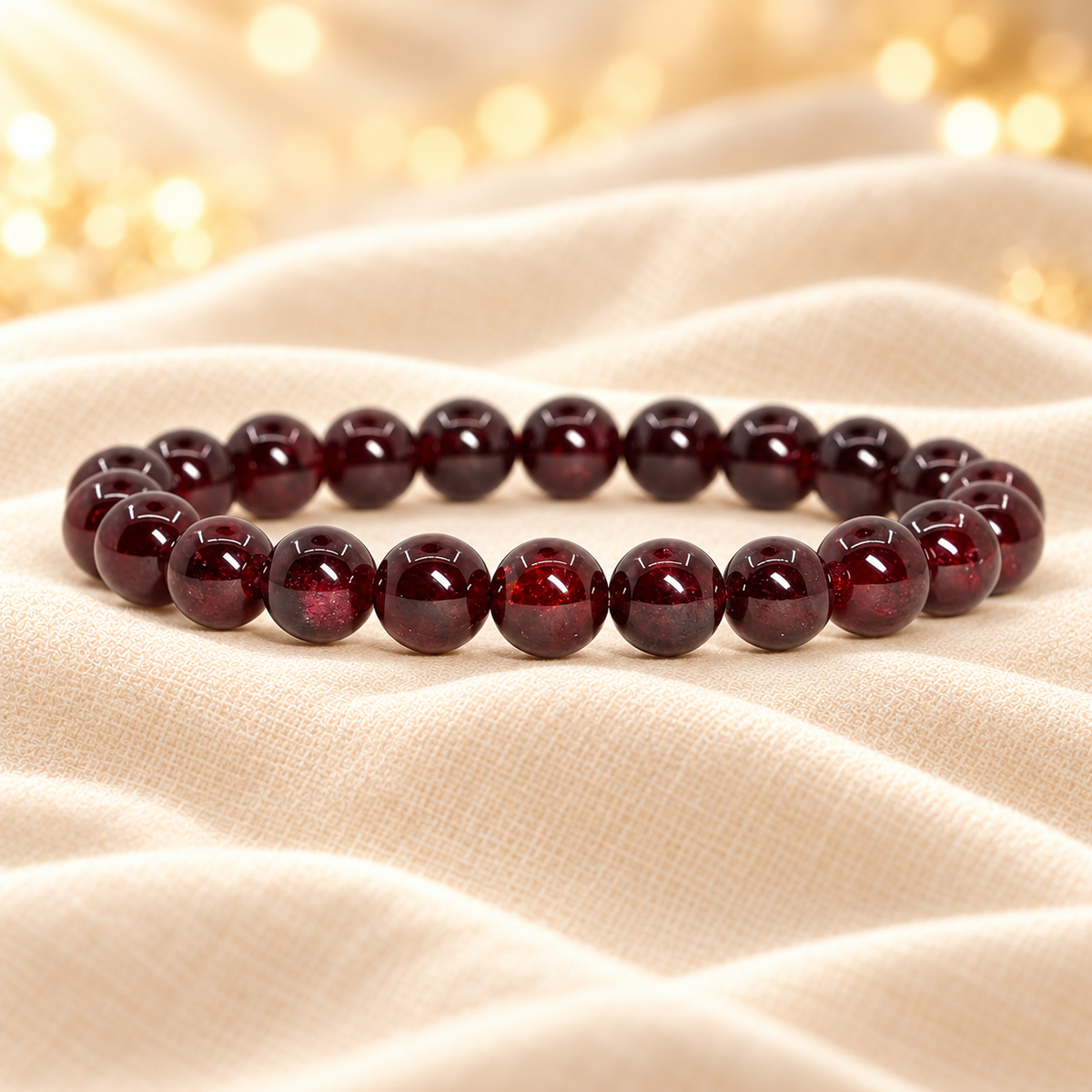 Natural Red Garnet Bracelet – 8mm Gemstone Jewellery on champagne fabric