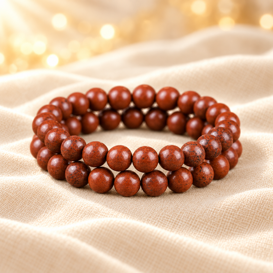 Natural Red Jasper Bracelet – 8mm Gemstone Jewellery on champagne fabric