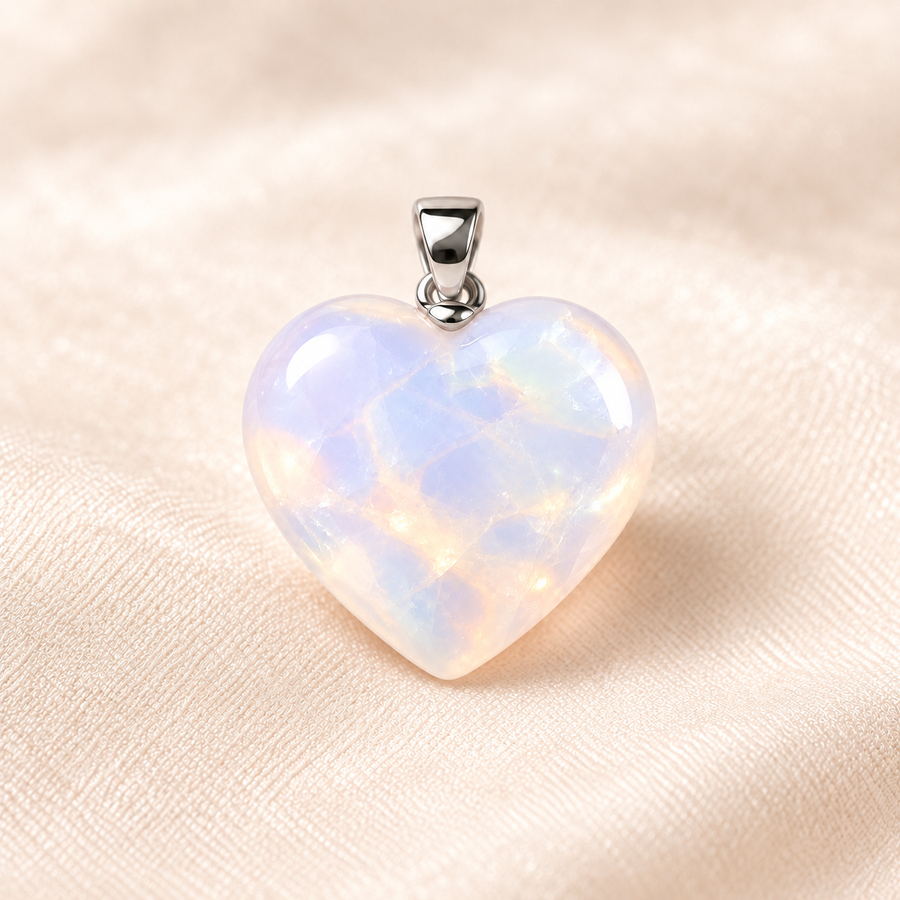opalite heart pendant on ivory with soft shadow