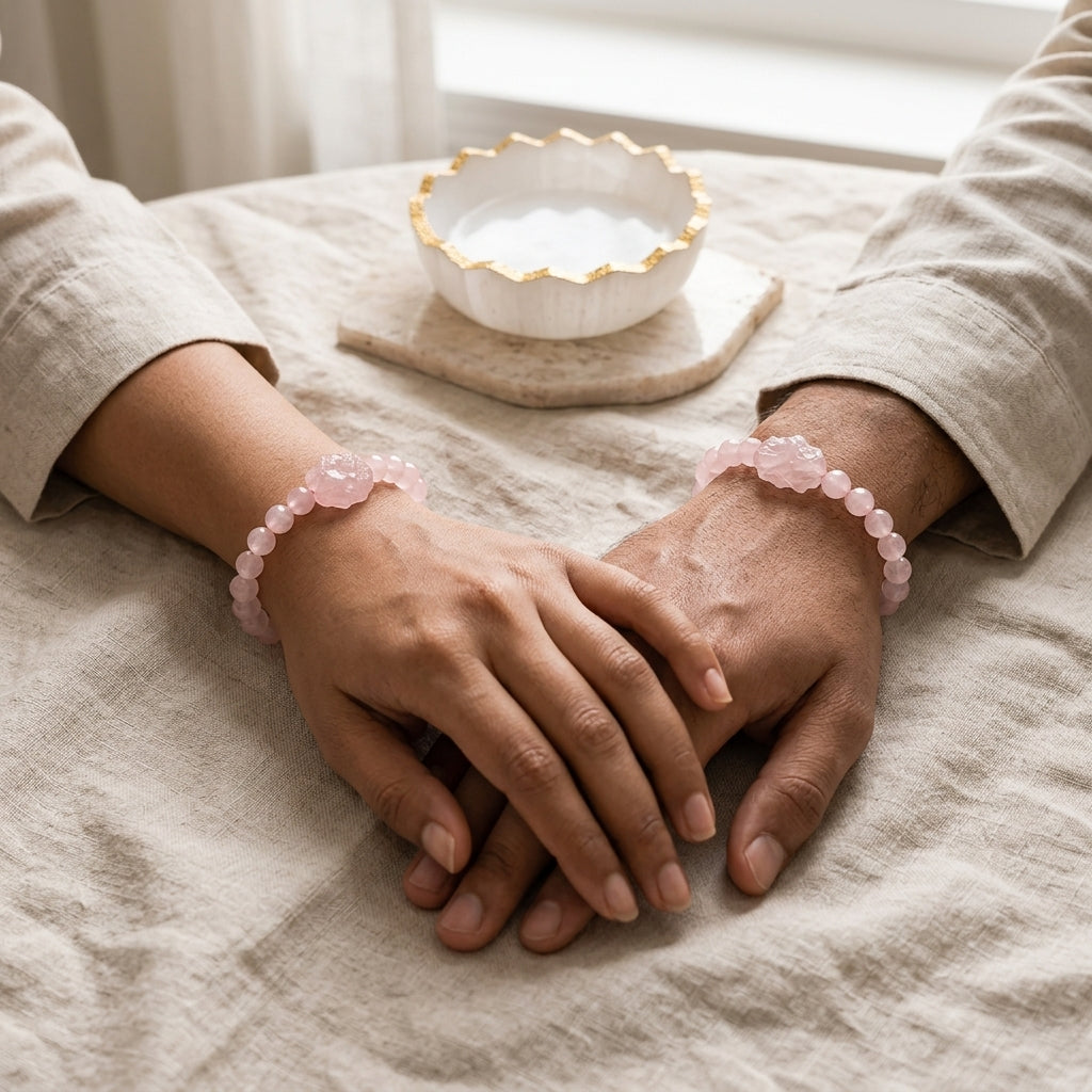 Couple Energy Combo — Rose Quartz (Her) + Pyrite (Him) + Selenite Charging Bowl