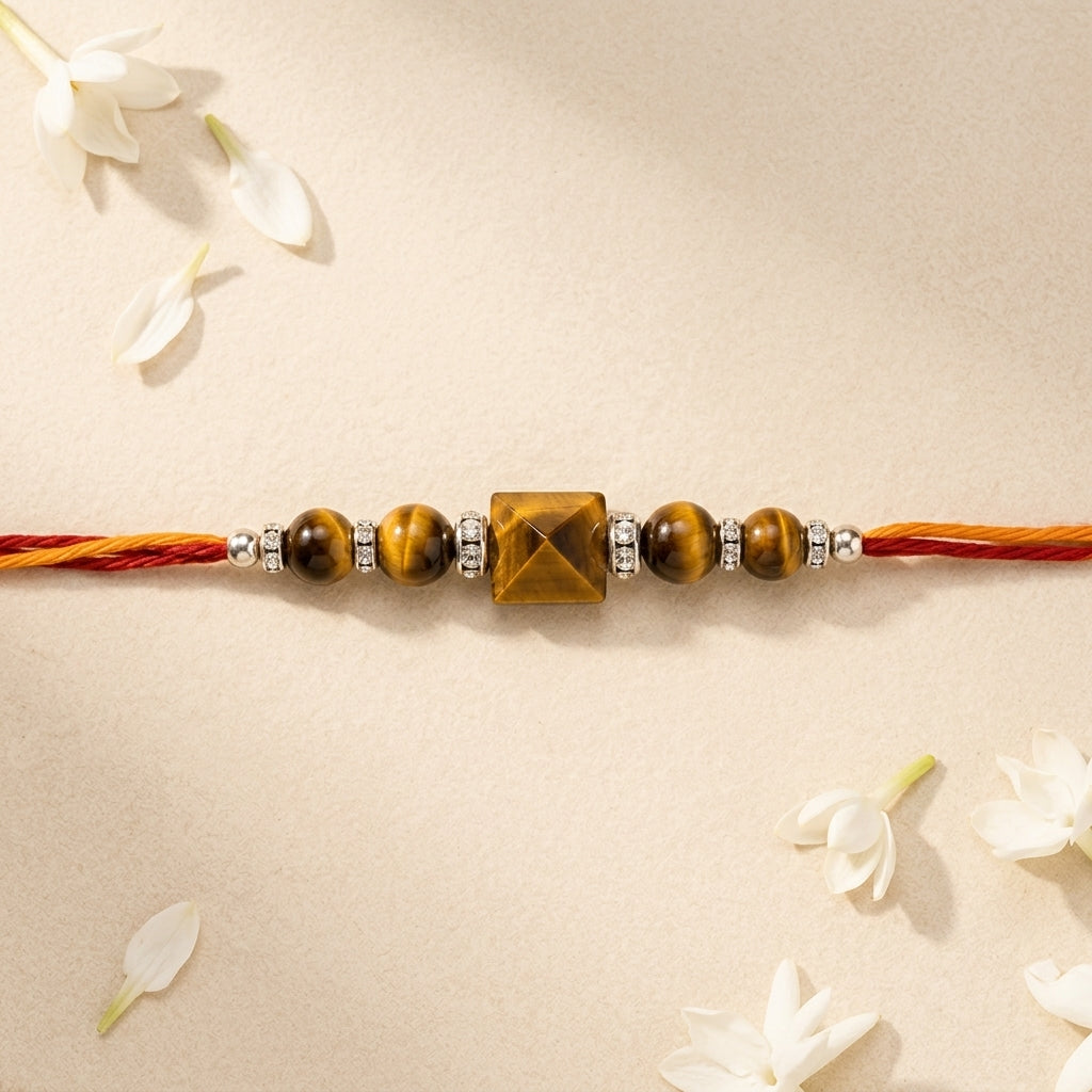 Tiger Eye Pyramid Shape Rakhi | Strength, Protection & Positivity