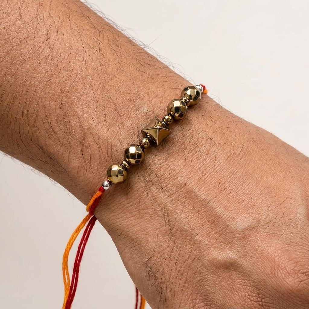 Golden Hematite Pyramid Shape Rakhi | Strength, Protection & Positive Energy