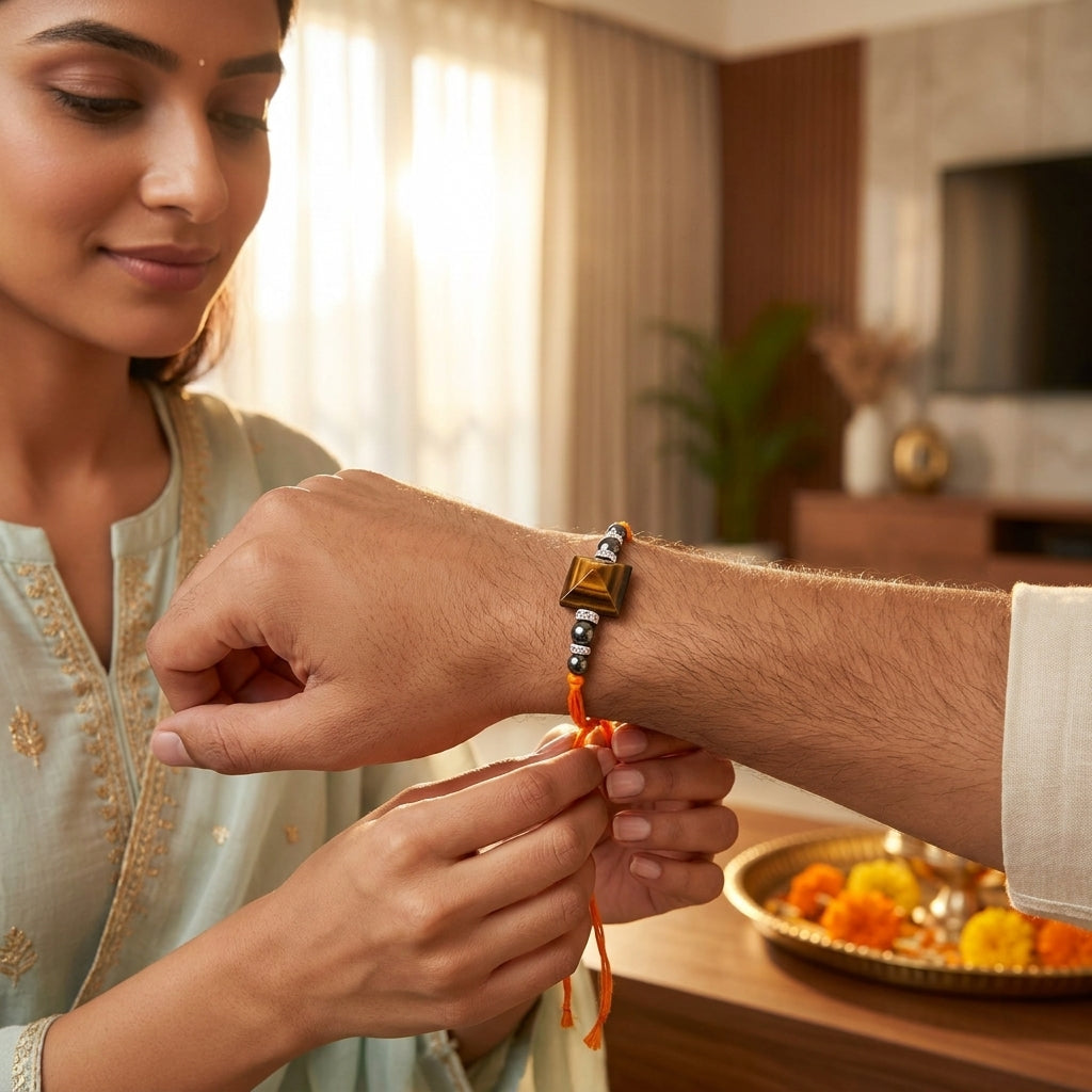 Triple Protection Rakhi with Tiger Eye Pyramid | Strength, Shield & Positivity
