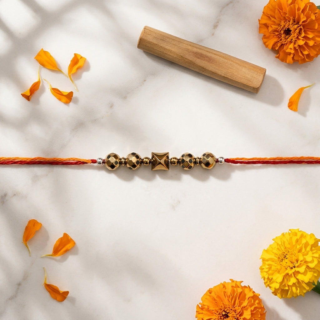 Golden Hematite Pyramid Shape Rakhi | Strength, Protection & Positive Energy