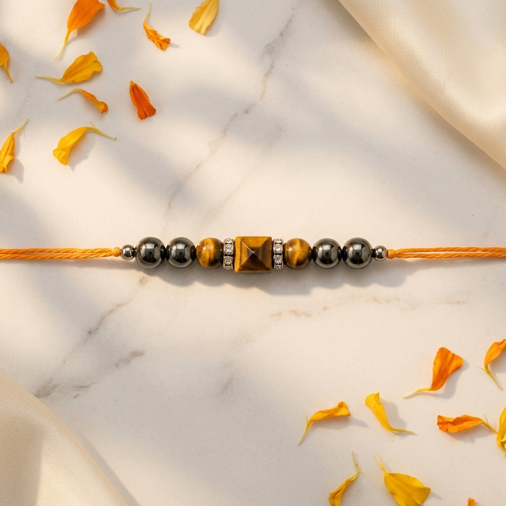 Triple Protection Rakhi with Tiger Eye Pyramid | Strength, Shield & Positivity