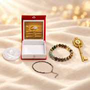 Pyrite, Bracelet, Symbol & Selenite Gift Set on warm cream linen