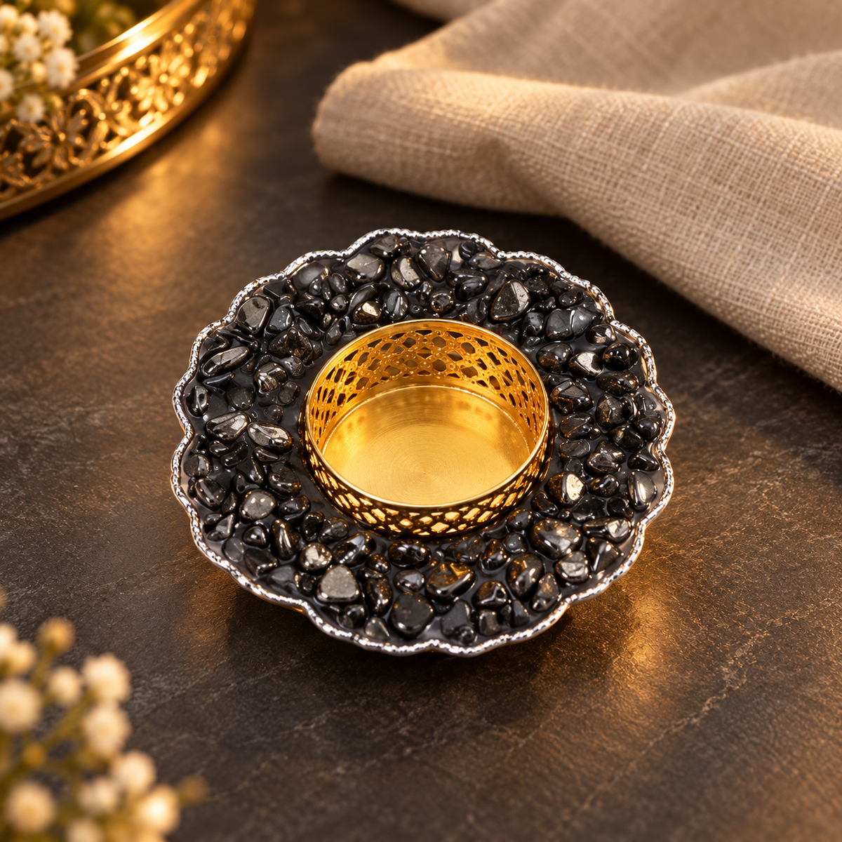 Pyrite Crystal Candle Holder — table styling