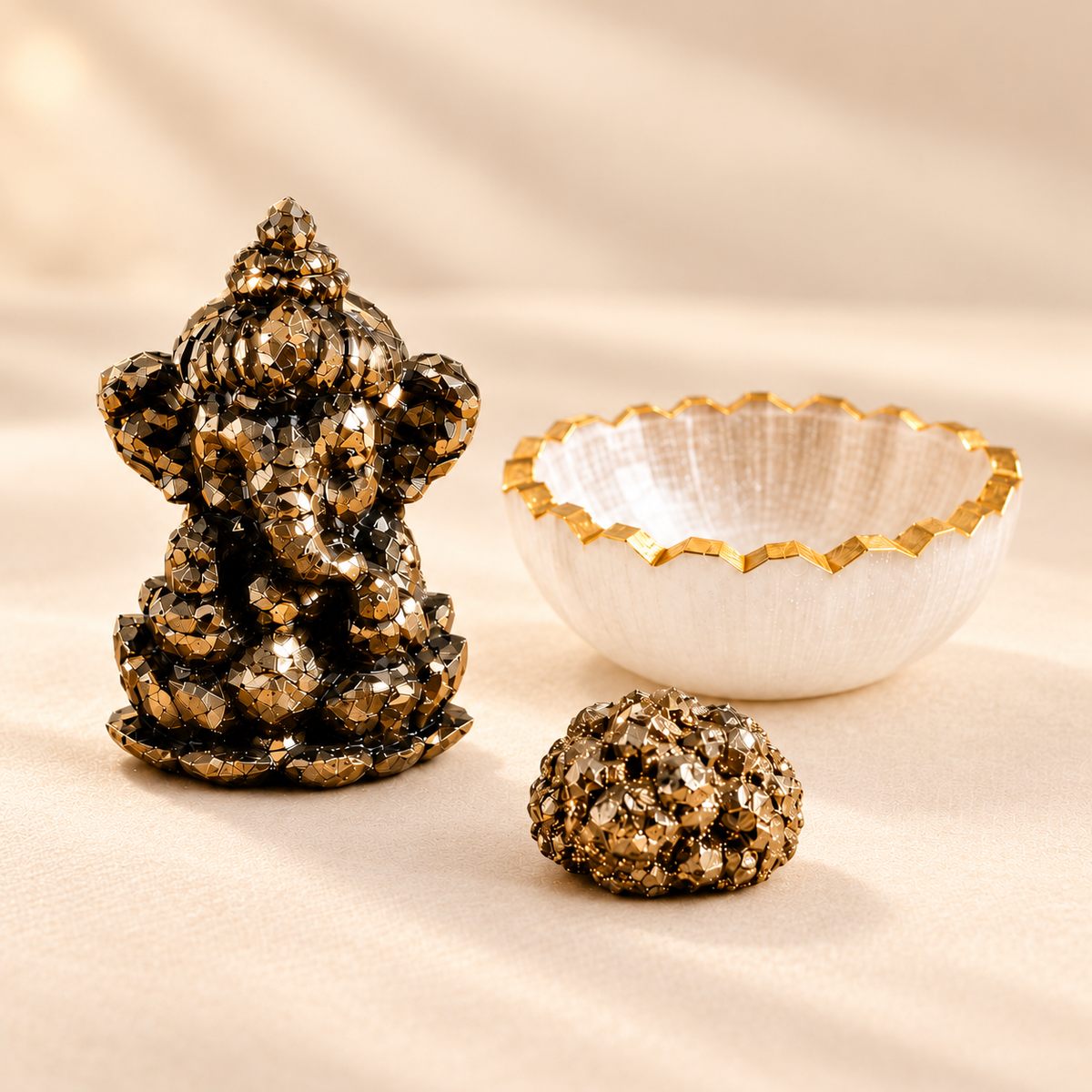 Pyrite Figurine, Raw Pyrite & Selenite Bowl Set — product detail