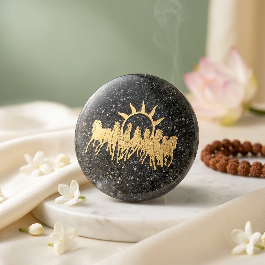 Pyrite Orgonite 7 Horse Geometric Motif Plate – Traditional Decorative Art – 18423