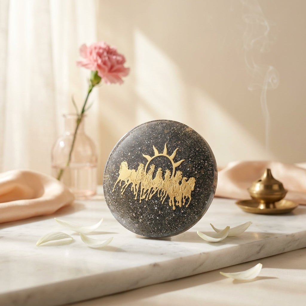 Pyrite Orgonite 7 Horse Success &amp; Wealth Yantra Plate - GOOD HABITSS