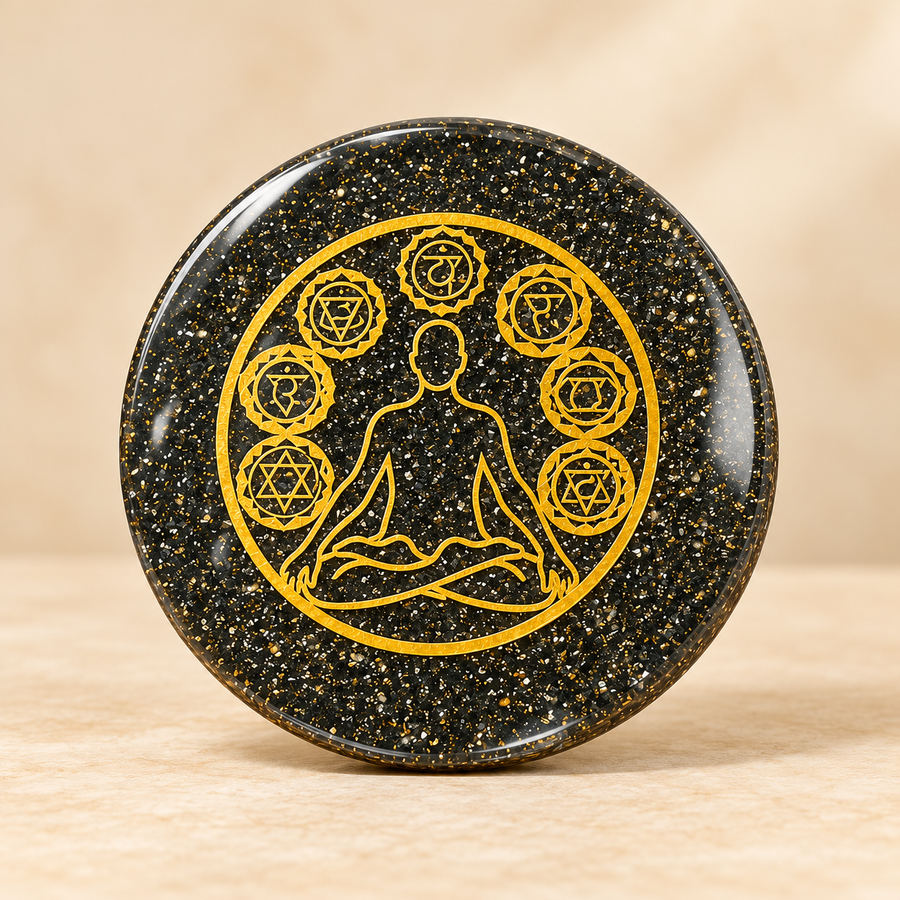 Pyrite Orgonite Seven-Symbol Geometric Motif Plate – Traditional Décor — product detail