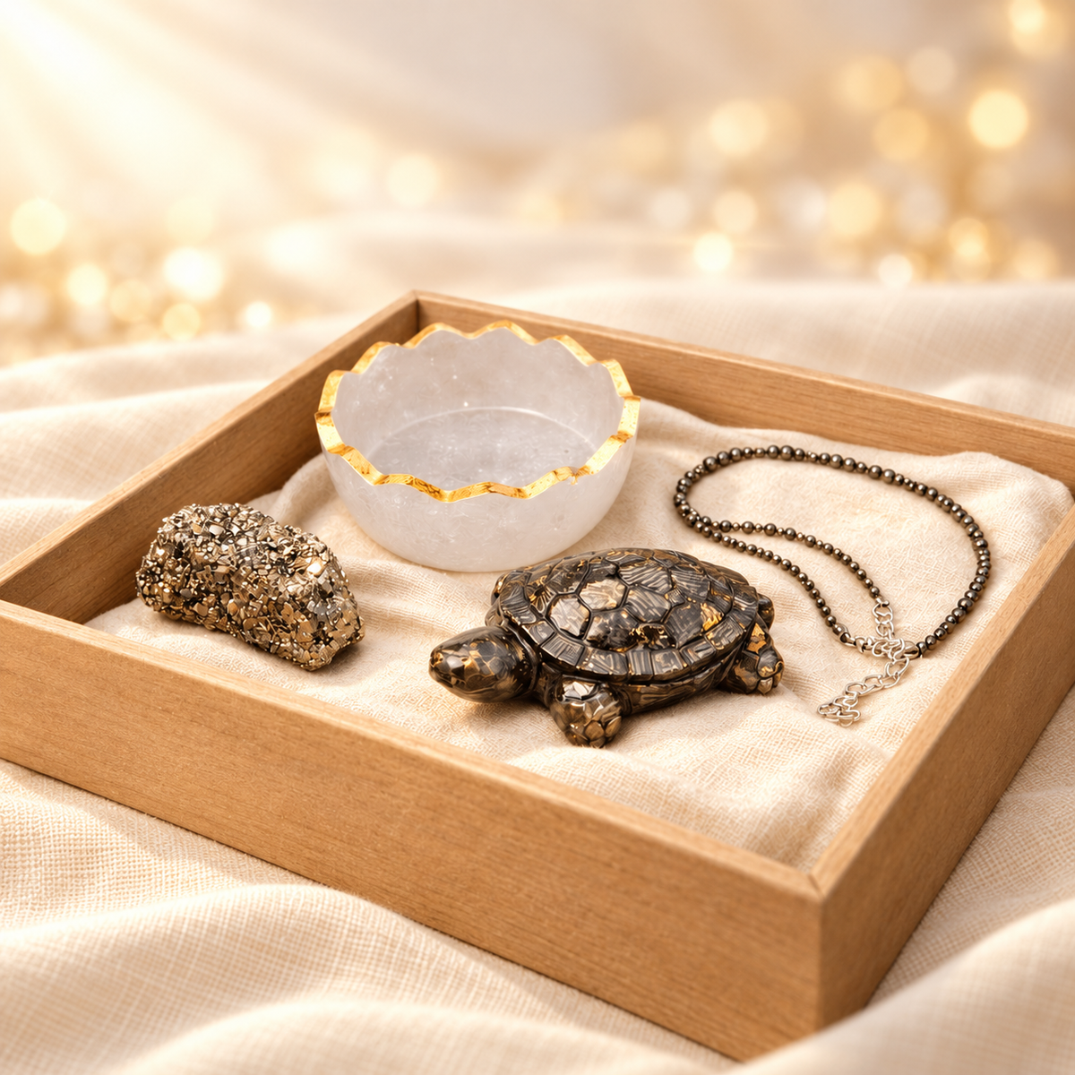 Pyrite & Selenite Gift Set on warm cream linen