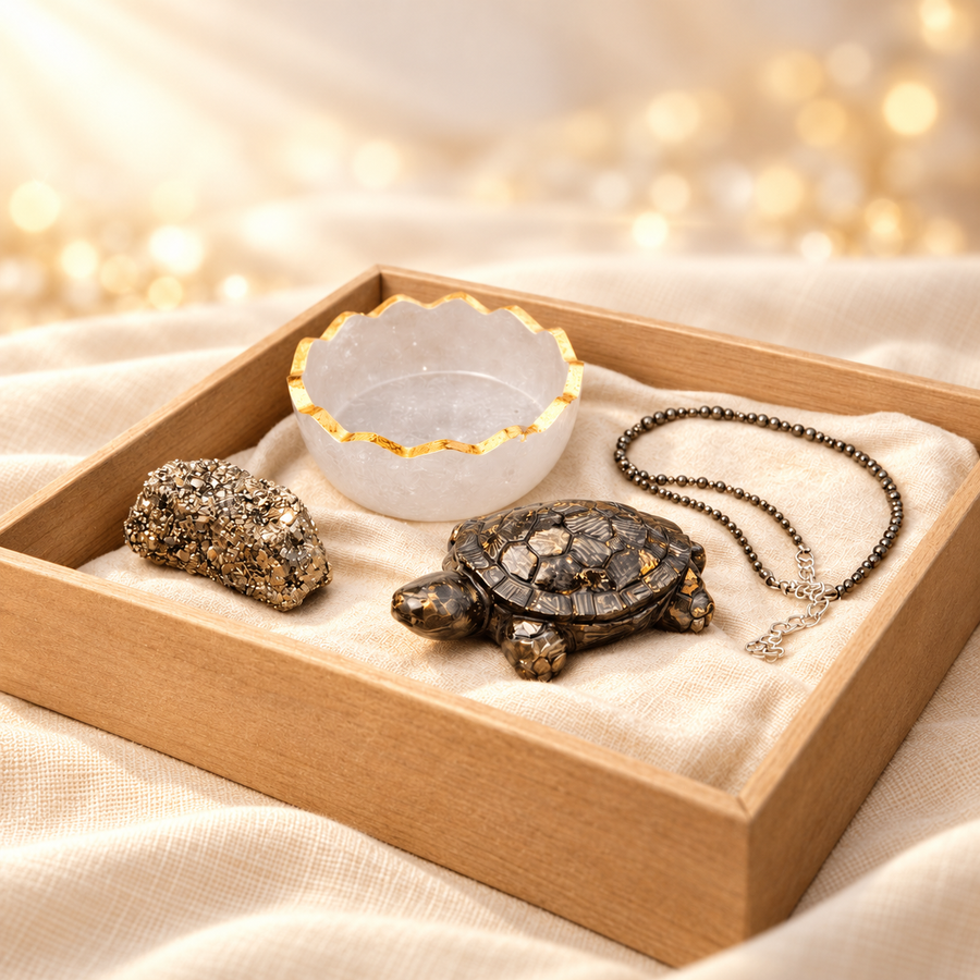 Pyrite & Selenite Gift Set on warm cream linen