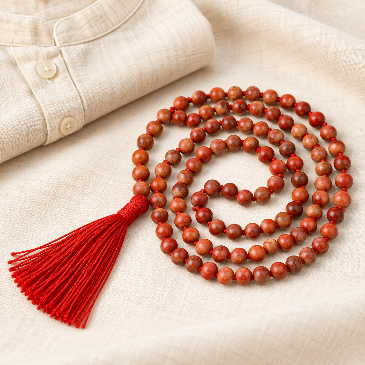 Red Jasper Bead Necklace — illustrative linen styling