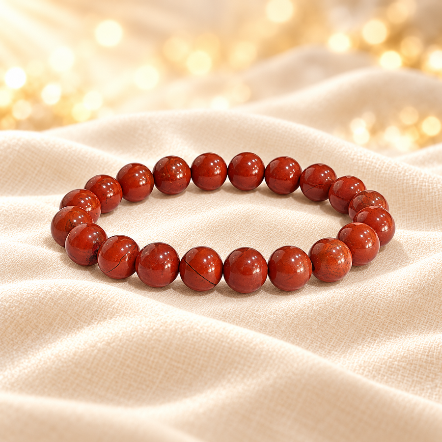 Red Jasper Bracelet – 8mm Natural Gemstone Jewellery on champagne fabric