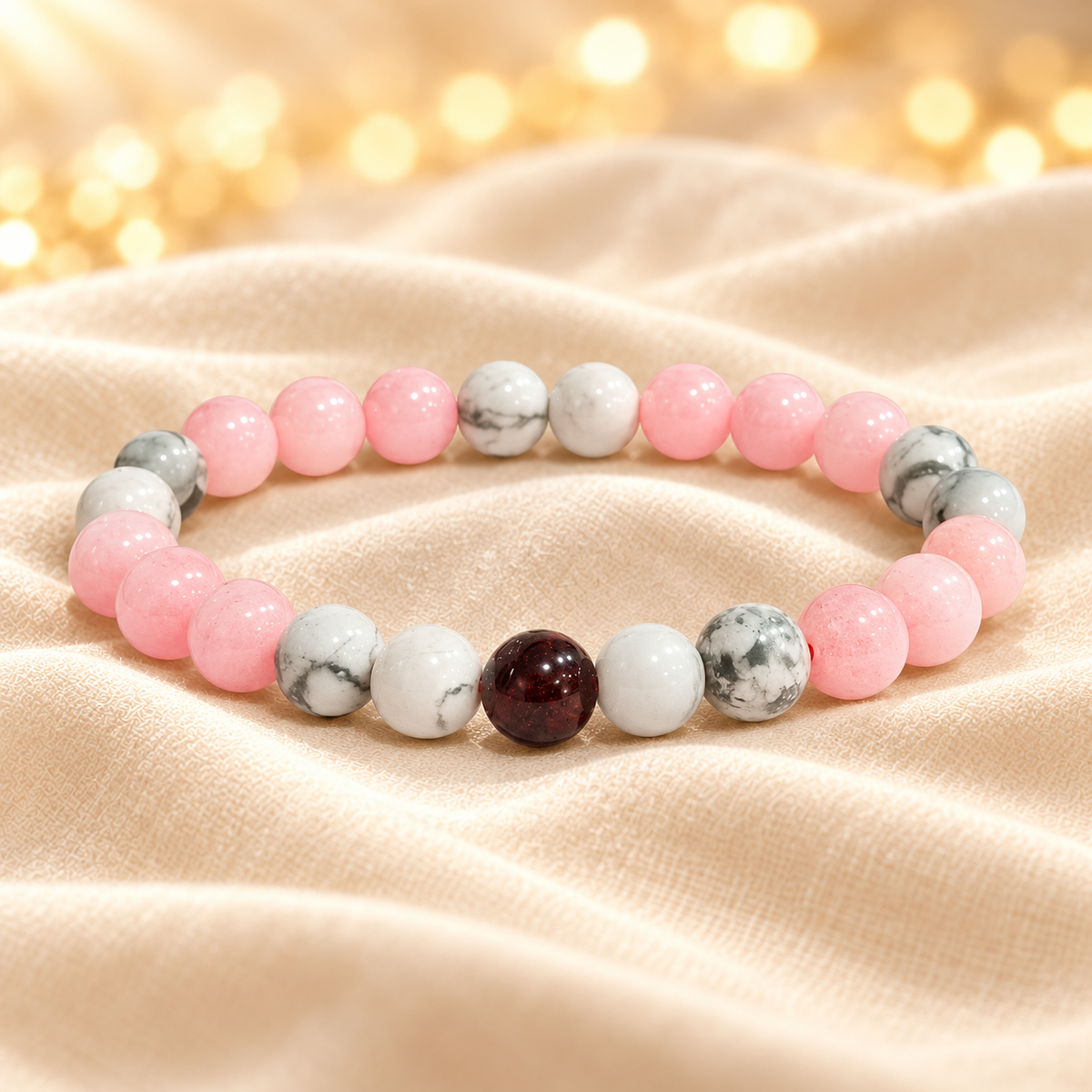 Gemstone Bead Bracelet – Gemstone-Inspired Jewellery on champagne fabric
