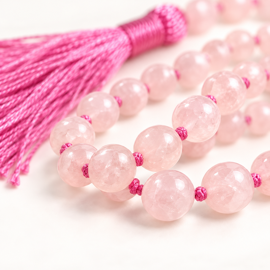 Rose Quartz Bead Necklace — bead and knot close-up