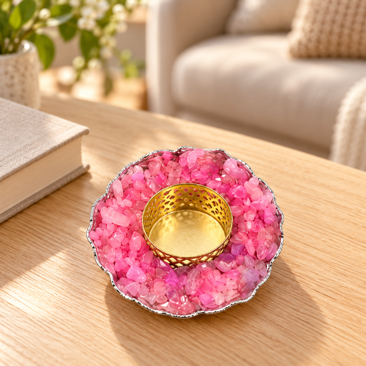 Rose Quartz Crystal Candle Holder — living room