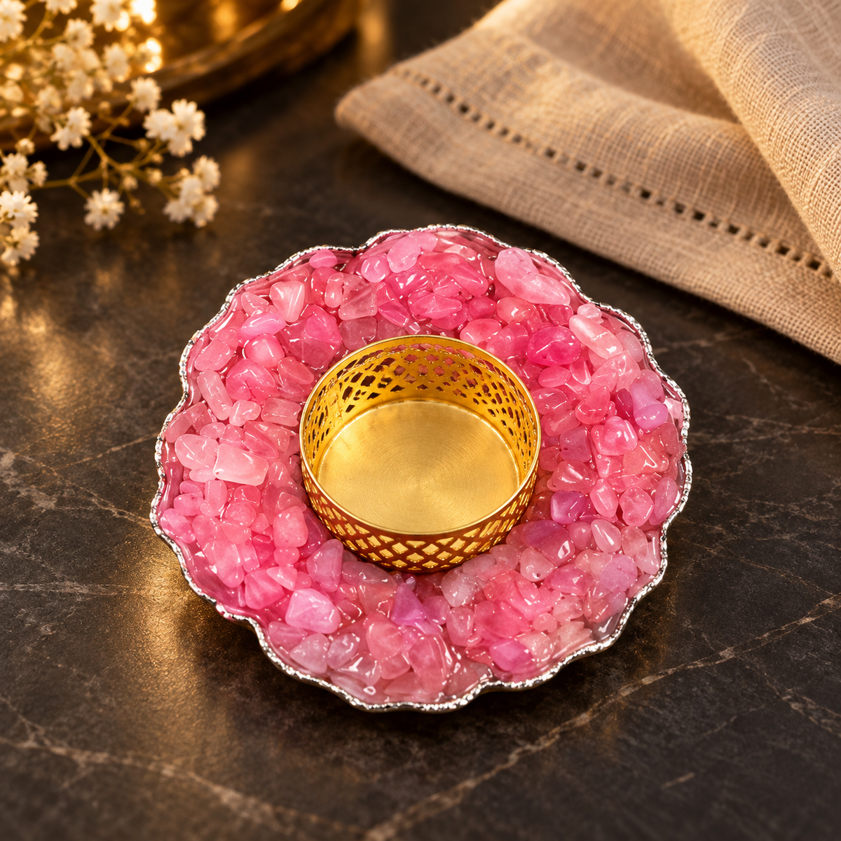 Rose Quartz Crystal Candle Holder — table styling