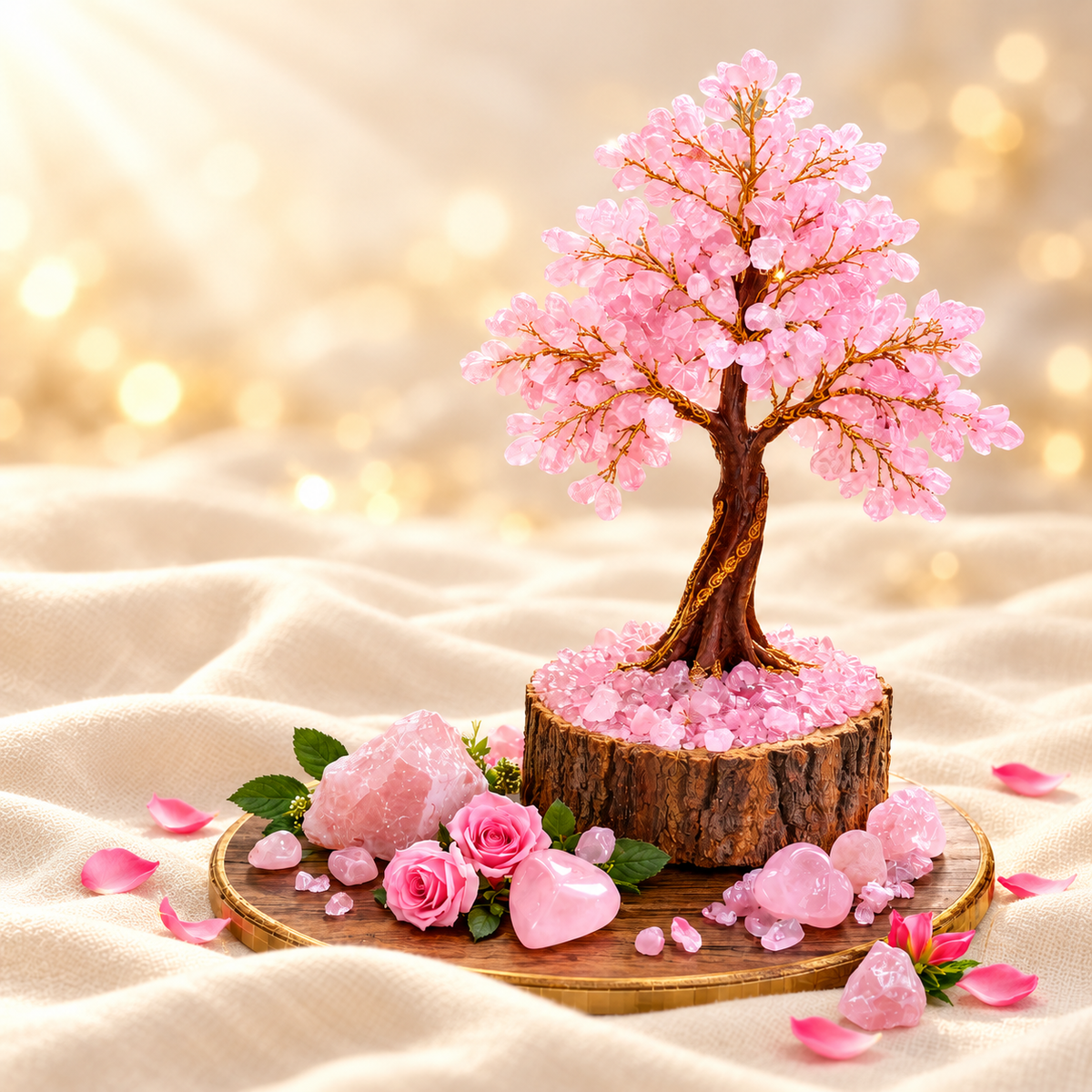 Rose Quartz Crystal Tree – 300 Beads Decorative Gemstone Tree on warm cream background
