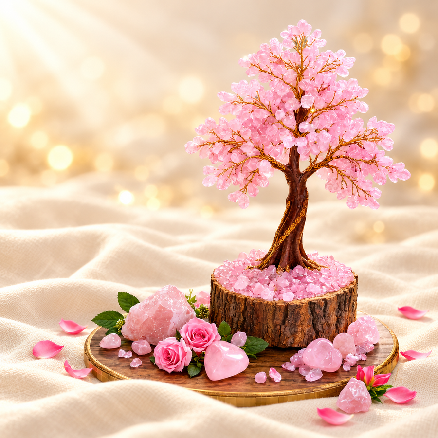 Rose Quartz Crystal Tree – 300 Beads Decorative Gemstone Tree on warm cream background