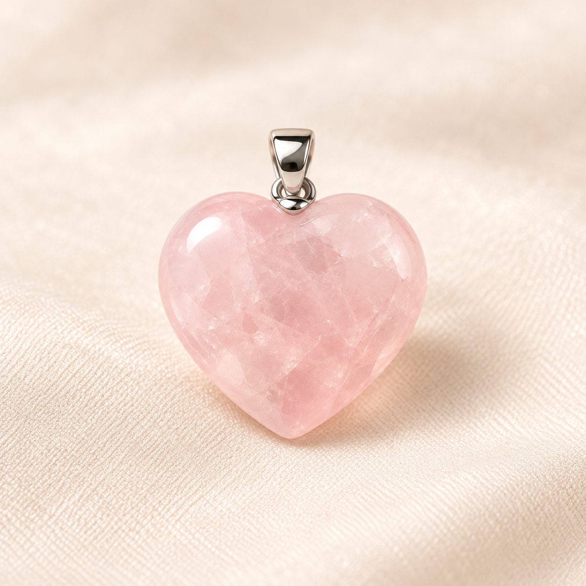 Rose quartz heart pendant on light ivory with soft faded shadow