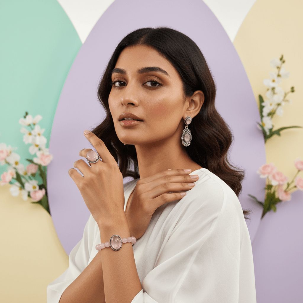 Rose Quartz Jewellery Set – Bracelet, Pendant & Earrings