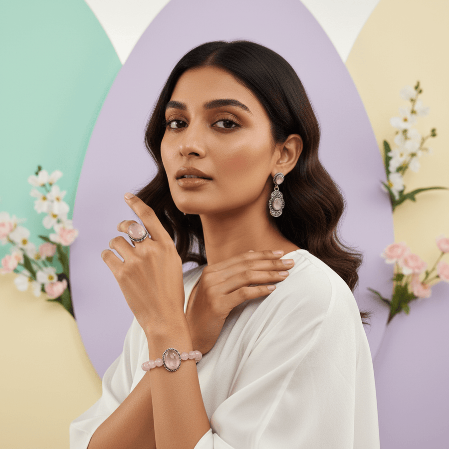 Rose Quartz Jewellery Set – Bracelet, Pendant & Earrings