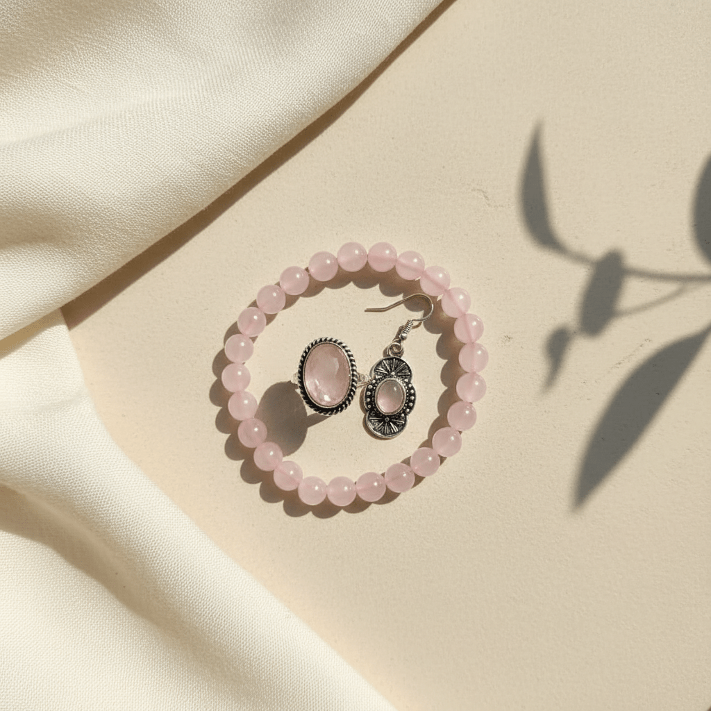 Rose Quartz Jewellery Set – Bracelet, Pendant & Earrings