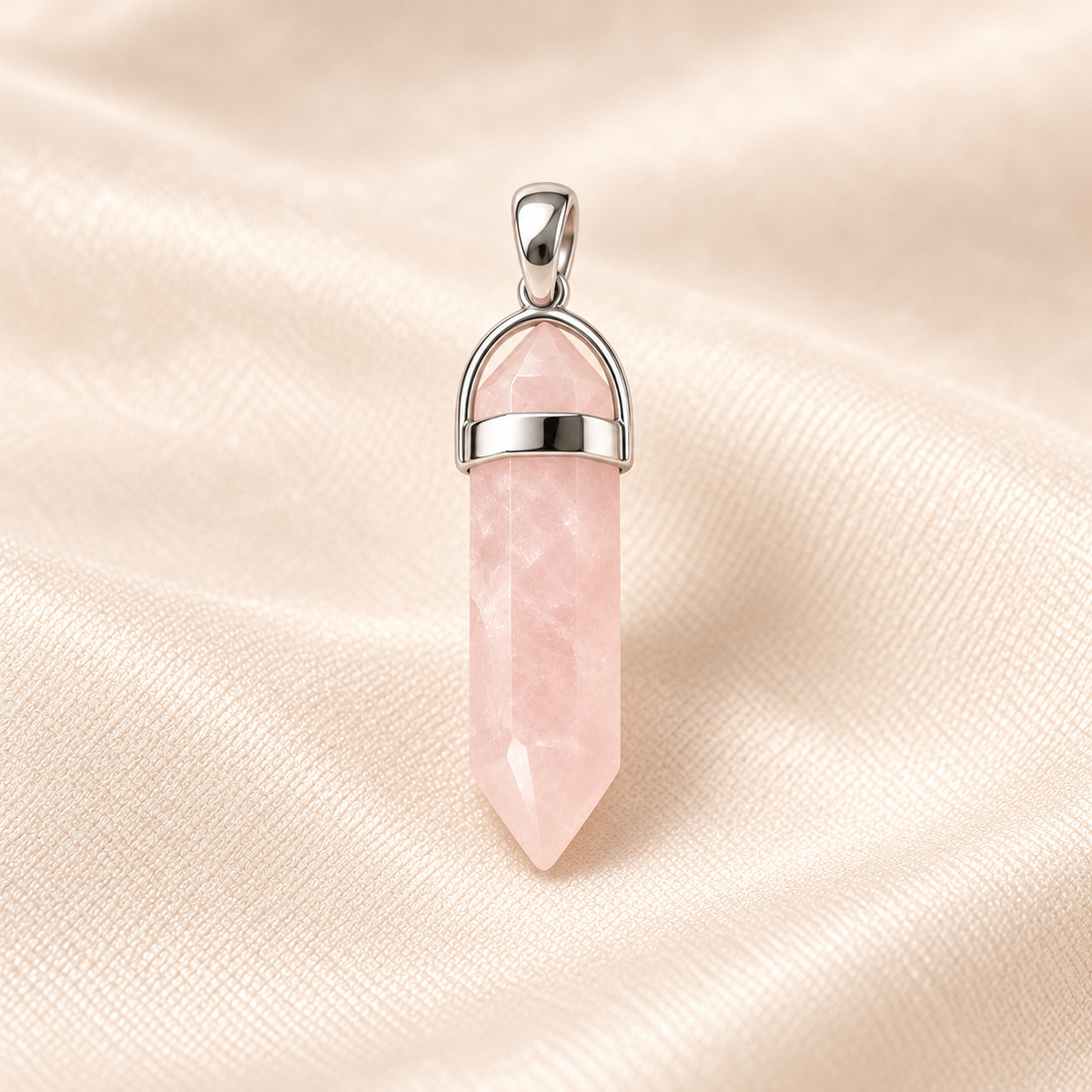 rose quartz pencil pendant on ivory with soft shadow