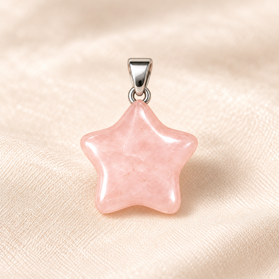 rose quartz star pendant on ivory with soft shadow