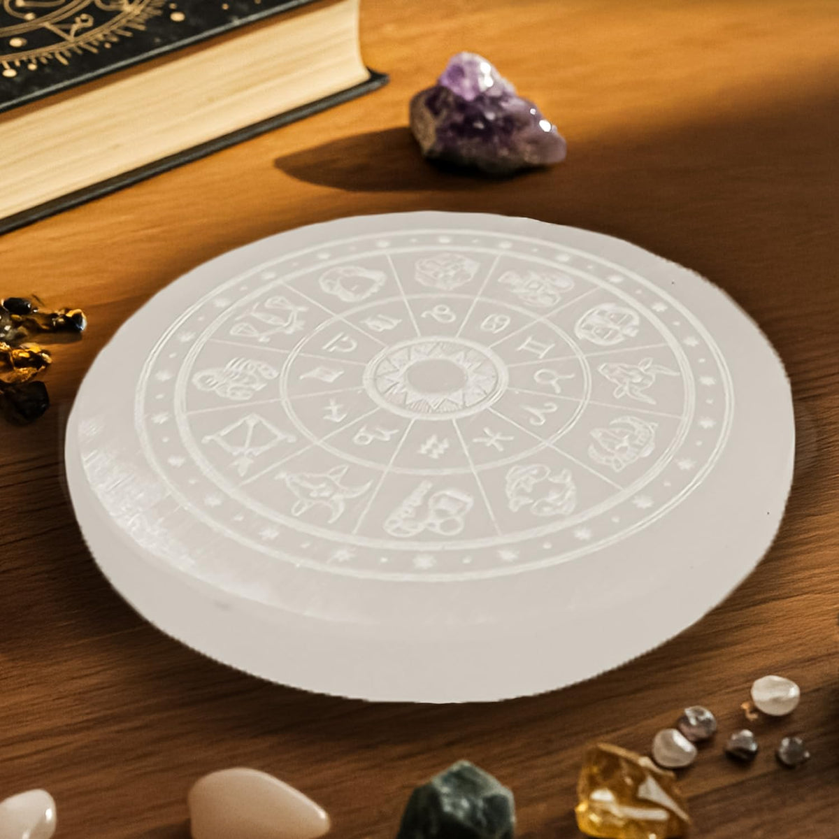Selenite Crystal Display Plate – Engraved Symbol Design