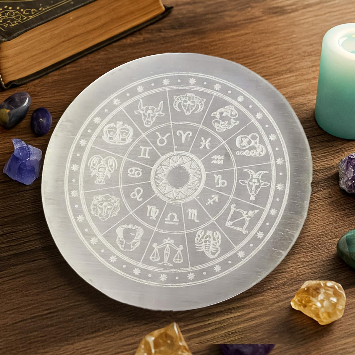 Selenite Crystal Display Plate – Engraved Symbol Design