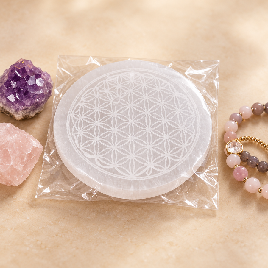 Selenite Flower of Life Plate – 4×4 Inch Decorative Crystal — product detail