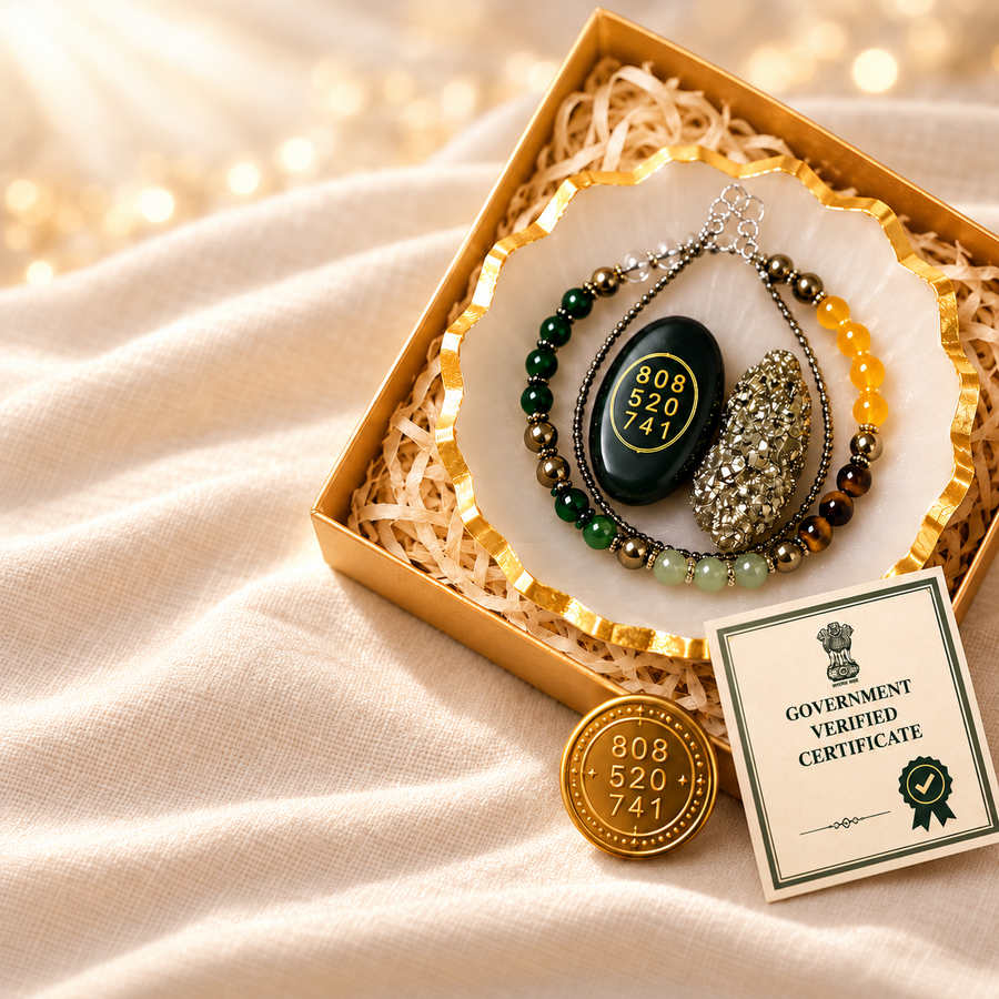 Selenite, Pyrite & Gemstone Gift Set on warm cream linen