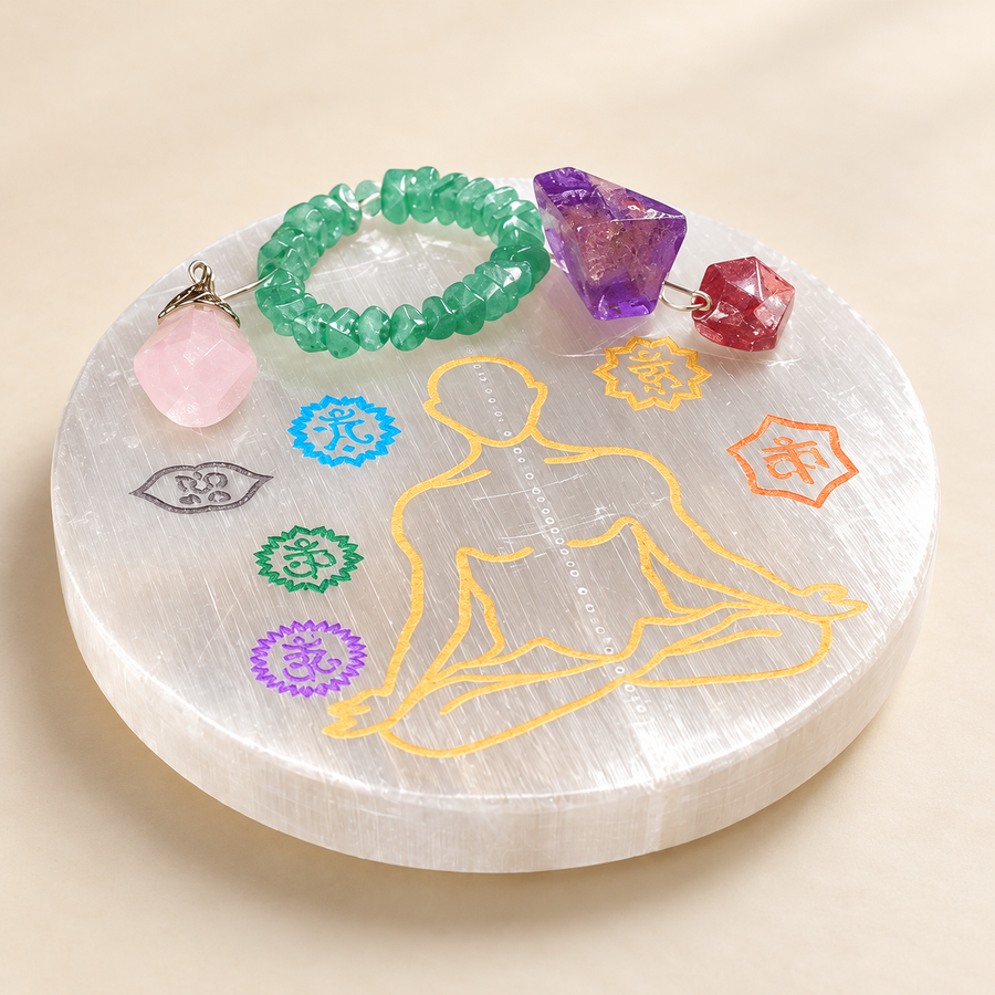 Selenite Symbol Plate – Round Decorative Crystal Plate — product detail