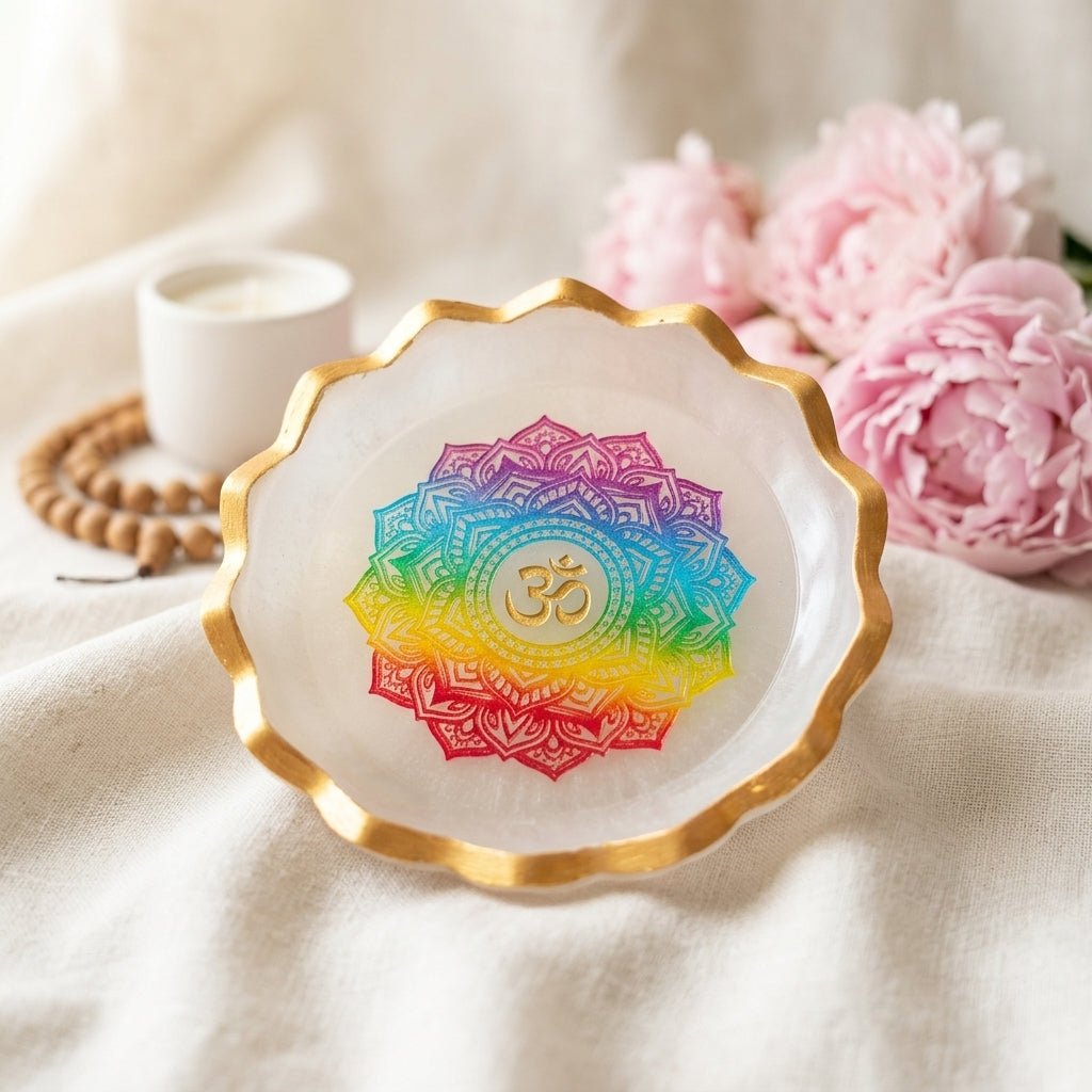 Seven-Symbol Motif Selenite Bowl – Decorative Crystal & Symbol Design
